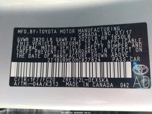 2017 Toyota Corolla Se მანქანა იყიდება აუქციონზე, vin: 2T1BURHE0HC827824, აუქციონის ნომერი: 45981329