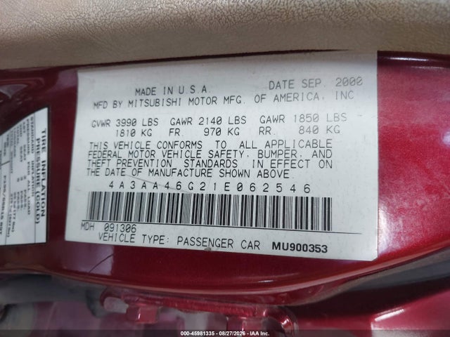 45981335 :رقم المزاد ، 4A3AA46G21E062546 vin ، 2001 Mitsubishi Galant Es مزاد بيع