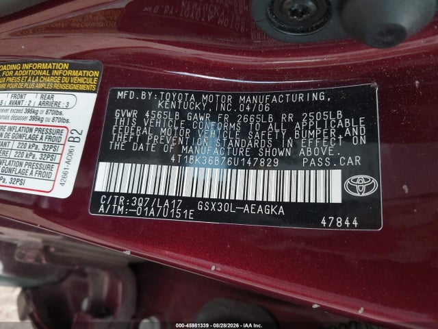 2006 Toyota Avalon Xls მანქანა იყიდება აუქციონზე, vin: 4T1BK36B76U147829, აუქციონის ნომერი: 45981339