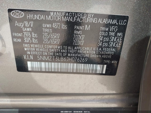 5NMZT3LB6JH076269 Hyundai Santa Fe Sport 2.4l