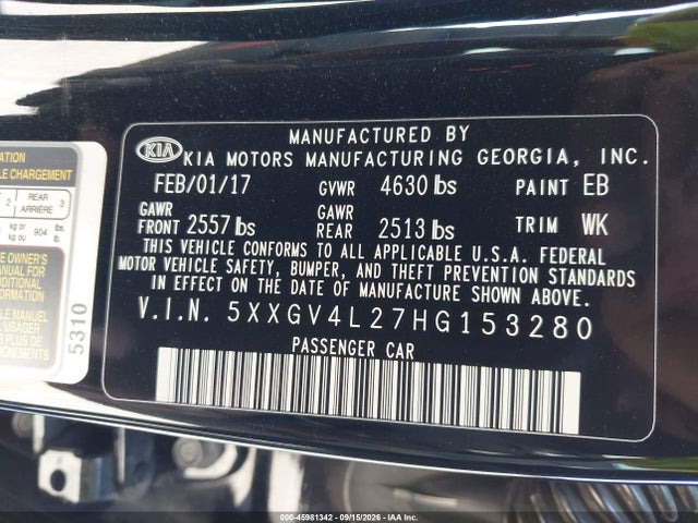 45981342 :رقم المزاد ، 5XXGV4L27HG153280 vin ، 2017 Kia Optima Sxl Turbo مزاد بيع