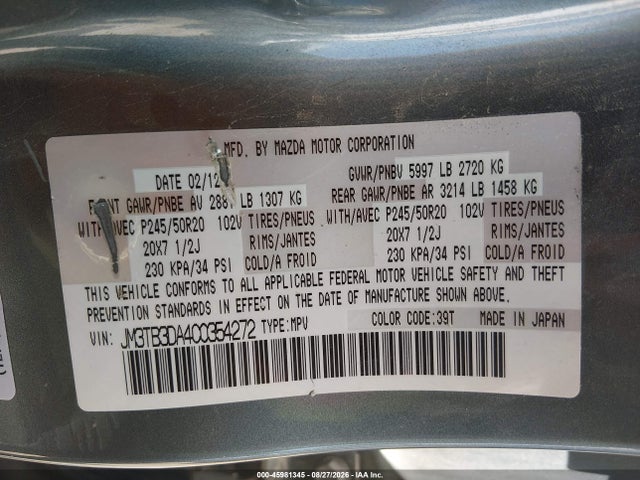 45981345 :رقم المزاد ، JM3TB3DA4C0354272 vin ، 2012 Mazda Cx-9 Grand Touring مزاد بيع