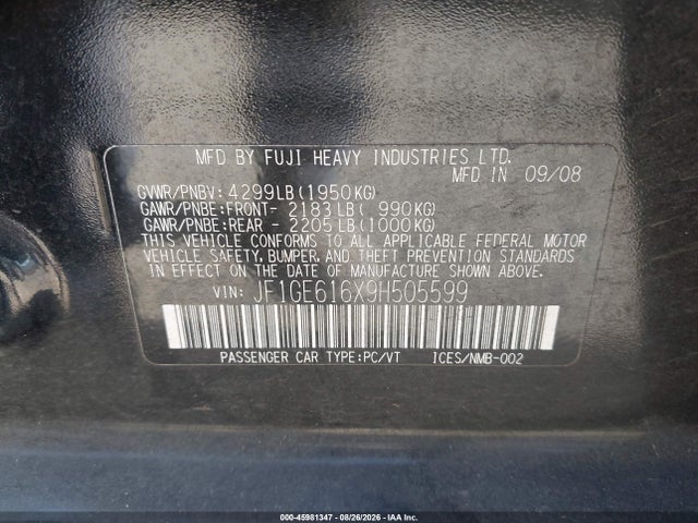 Продажа на аукционе авто 2009 Subaru Impreza 2.5i, vin: JF1GE616X9H505599, номер лота: 45981347