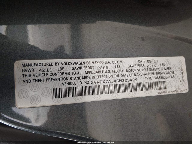 Aukcja sprzedaży 2012 Volkswagen Jetta 2.5l Se, vin: 3VWDX7AJ4CM323429, numer aukcji: 45981354