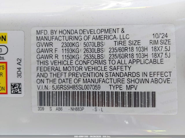 Aukcja sprzedaży 2025 Honda Cr-v Hybrid Sport-l, vin: 5J6RS5H85SL007059, numer aukcji: 45981355
