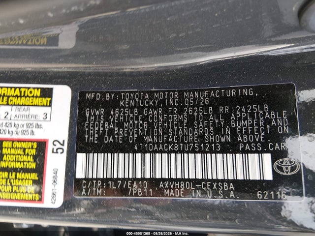 Продаж на аукціоні авто 2026 Toyota Camry Se, vin: 4T1DAACK8TU751213, номер лоту: 45981368