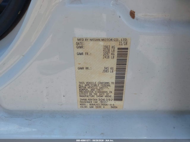 2019 Nissan Altima 2.5 Sv მანქანა იყიდება აუქციონზე, vin: 1N4BL4DV3KN306392, აუქციონის ნომერი: 45981371