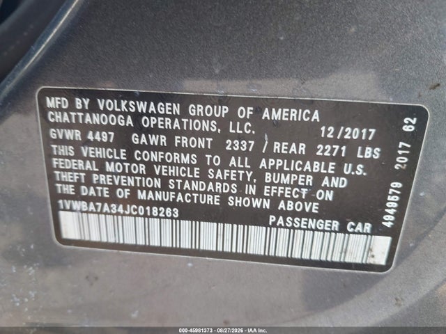 45981373 :رقم المزاد ، 1VWBA7A34JC018263 vin ، 2018 Volkswagen Passat 2.0t Se مزاد بيع