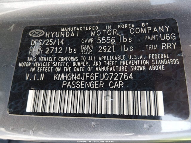 45981396 :رقم المزاد ، KMHGN4JF6FU072764 vin ، 2015 Hyundai Genesis 5.0 مزاد بيع
