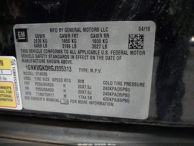 45981404 :رقم المزاد ، 1GNKVGKD8GJ335313 vin ، 2016 Chevrolet Traverse Lt مزاد بيع