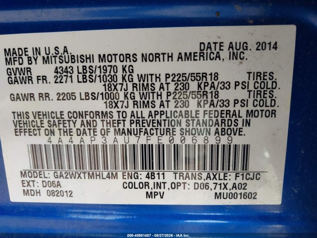 45981407 :رقم المزاد ، 4A4AP3AU7FE006899 vin ، 2015 Mitsubishi Outlander Sport Es مزاد بيع