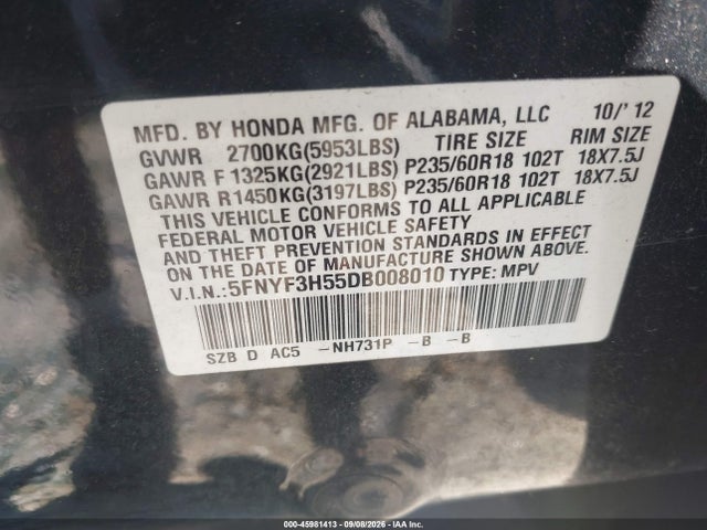 2013 Honda Pilot Ex-l მანქანა იყიდება აუქციონზე, vin: 5FNYF3H55DB008010, აუქციონის ნომერი: 45981413