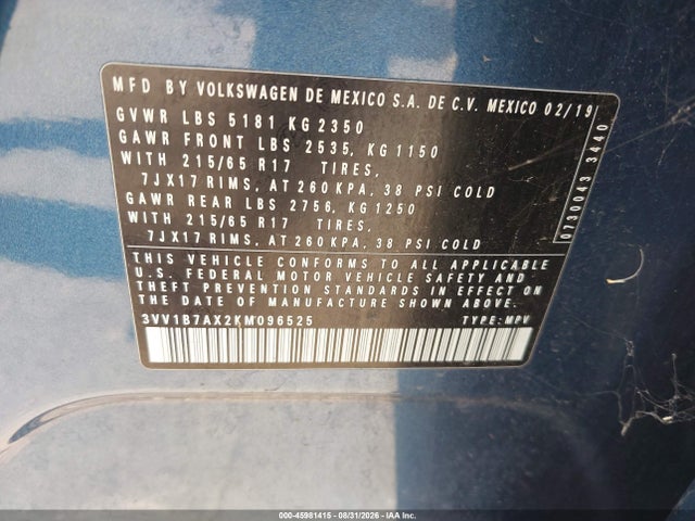Продаж на аукціоні авто 2019 Volkswagen Tiguan 2.0t S, vin: 3VV1B7AX2KM096525, номер лоту: 45981415