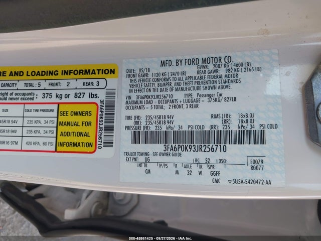 45981425 :رقم المزاد ، 3FA6P0K93JR256710 vin ، 2018 Ford Fusion Titanium مزاد بيع