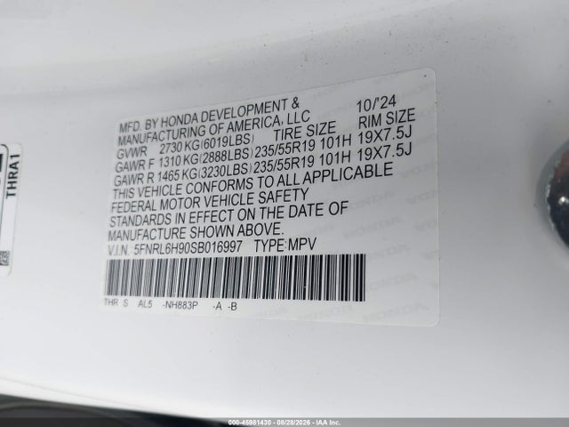 Продажа на аукционе авто 2025 Honda Odyssey Elite, vin: 5FNRL6H90SB016997, номер лота: 45981430