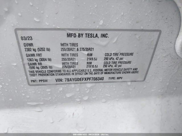 Продаж на аукціоні авто 2023 Tesla Model Y Performance Dual Motor All-wheel Drive, vin: 7SAYGDEFXPF708340, номер лоту: 45981433