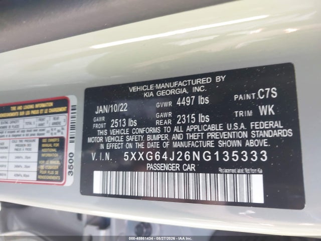 Aukcja sprzedaży 2022 Kia K5 Gt-line, vin: 5XXG64J26NG135333, numer aukcji: 45981434