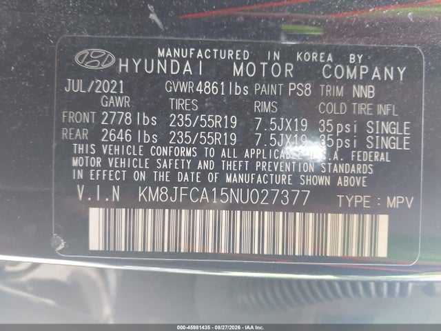 Продажа на аукционе авто 2022 Hyundai Tucson Hybrid Sel Convenience, vin: KM8JFCA15NU027377, номер лота: 45981435