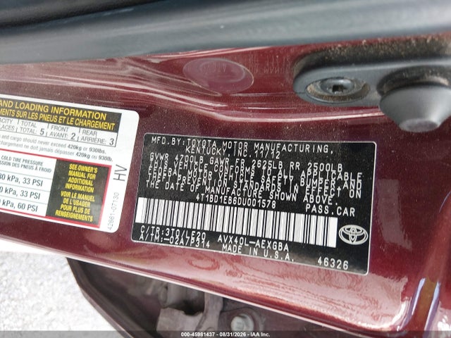 2013 Toyota Avalon Hybrid Xle Touring მანქანა იყიდება აუქციონზე, vin: 4T1BD1EB6DU001578, აუქციონის ნომერი: 45981437