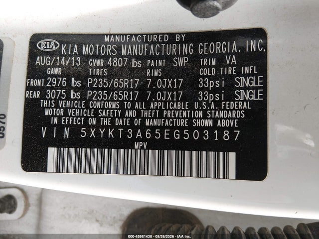 KIA SORENTO LX 2014 5XYKT3A65EG503187 Image 9