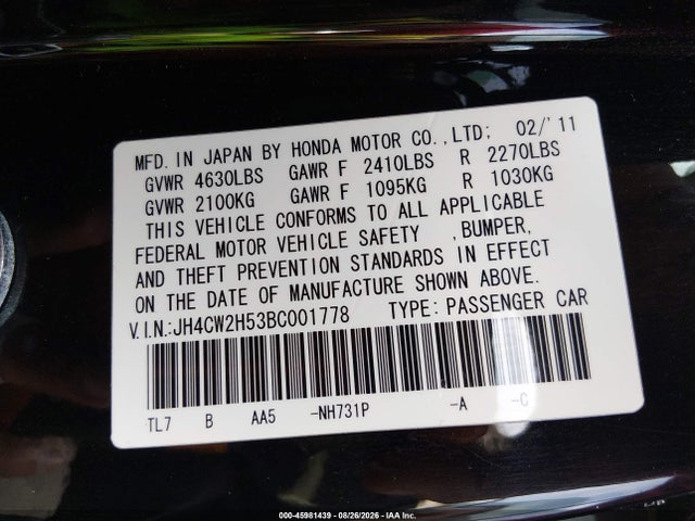 Aukcja sprzedaży 2011 Acura Tsx 2.4, vin: JH4CW2H53BC001778, numer aukcji: 45981439
