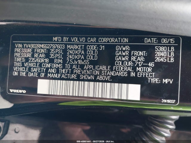 Aukcja sprzedaży 2016 Volvo Xc60 T6 Platinum, vin: YV4902RM6G2797603, numer aukcji: 45981441