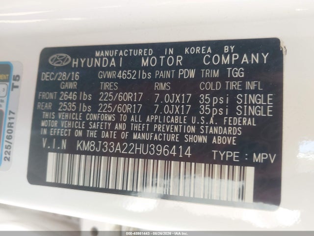 Продаж на аукціоні авто 2017 Hyundai Tucson Eco, vin: KM8J33A22HU396414, номер лоту: 45981443