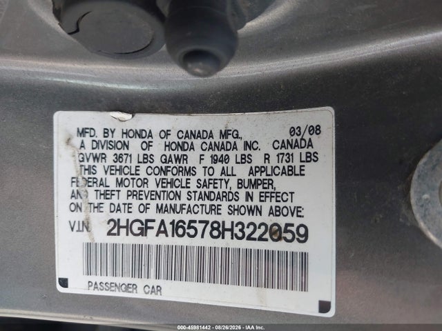 Продаж на аукціоні авто 2008 Honda Civic Lx, vin: 2HGFA16578H322059, номер лоту: 45981442