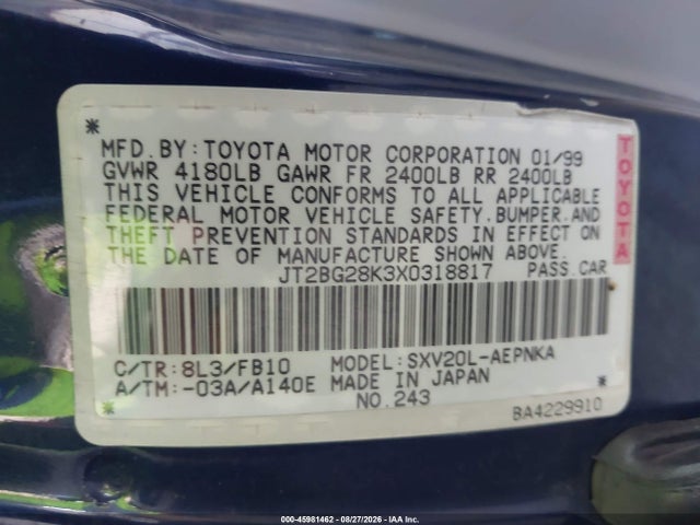Продажа на аукционе авто 1999 Toyota Camry Le, vin: JT2BG28K3X0318817, номер лота: 45981462