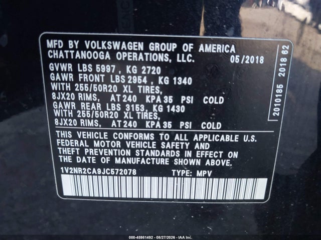 Продаж на аукціоні авто 2018 Volkswagen Atlas 3.6l V6 Sel Premium, vin: 1V2NR2CA9JC572078, номер лоту: 45981492