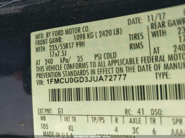 45981516 :رقم المزاد ، 1FMCU0GD3JUA72777 vin ، 2018 Ford Escape Se مزاد بيع