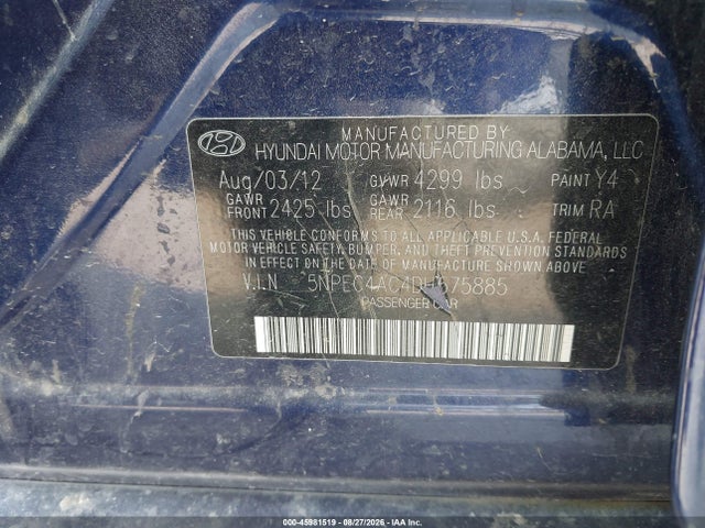 45981519 :رقم المزاد ، 5NPEC4AC4DH575885 vin ، 2013 Hyundai Sonata Se مزاد بيع