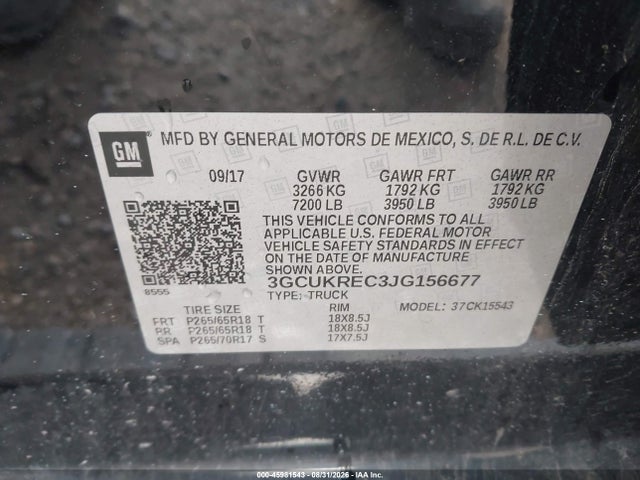 Продажа на аукционе авто 2018 Chevrolet Silverado 1500 2lt, vin: 3GCUKREC3JG156677, номер лота: 45981543