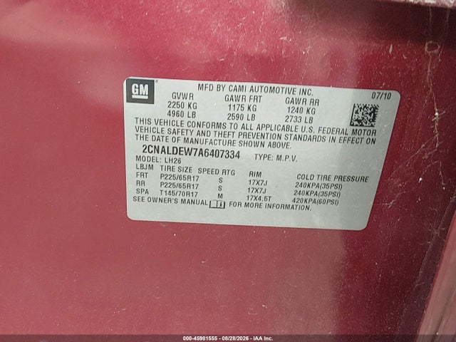 45981555 :رقم المزاد ، 2CNALDEW7A6407334 vin ، 2010 Chevrolet Equinox Lt مزاد بيع