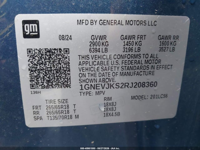 Aukcja sprzedaży 2024 Chevrolet Traverse Awd Z71, vin: 1GNEVJKS2RJ208360, numer aukcji: 45981580