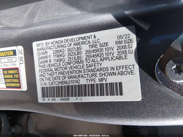 45981589 :رقم المزاد ، 5J8TC2H80NL010142 vin ، 2022 Acura Rdx A-spec Advance Package/pmc Edition مزاد بيع