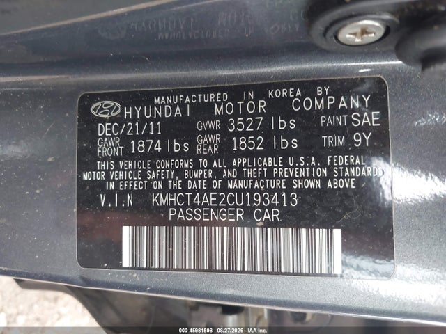 Продажа на аукционе авто 2012 Hyundai Accent Gls, vin: KMHCT4AE2CU193413, номер лота: 45981598