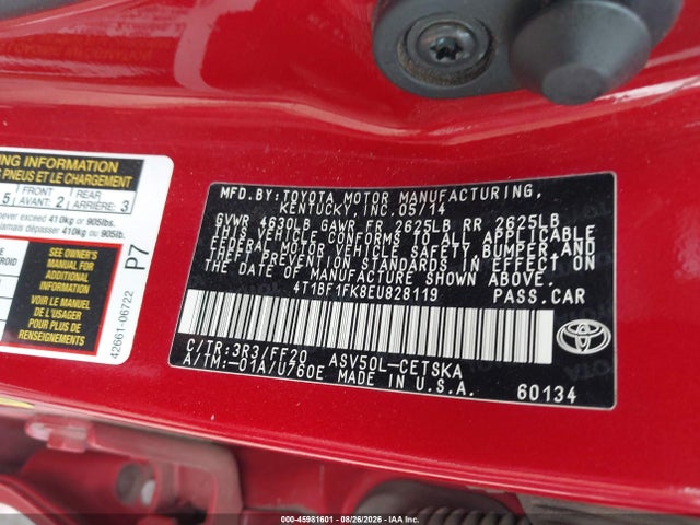 2014 Toyota Camry Se მანქანა იყიდება აუქციონზე, vin: 4T1BF1FK8EU828119, აუქციონის ნომერი: 45981601