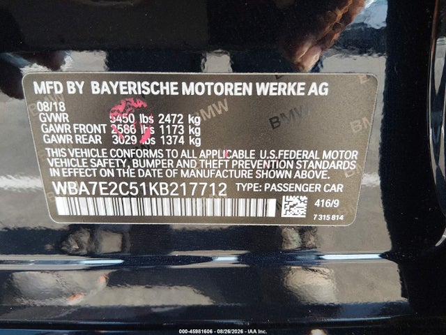 45981606 :رقم المزاد ، WBA7E2C51KB217712 vin ، 2019 Bmw 740i مزاد بيع