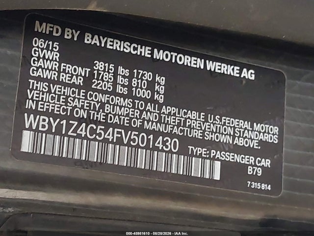 Auction sale of the 2015 Bmw I3 Base W/range Extender, vin: WBY1Z4C54FV501430, lot number: 45981610