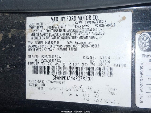 2010 Ford Fusion Sel მანქანა იყიდება აუქციონზე, vin: 3FAHP0JA4AR379338, აუქციონის ნომერი: 45981621