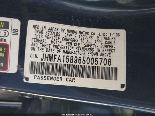 Aukcja sprzedaży 2006 Honda Civic Ex, vin: JHMFA15896S005706, numer aukcji: 45981624