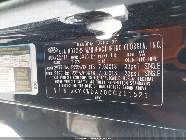 Продаж на аукціоні авто 2012 Kia Sorento Sx V6, vin: 5XYKWDA20CG211521, номер лоту: 45981627