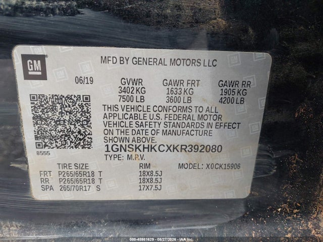 45981629 :رقم المزاد ، 1GNSKHKCXKR392080 vin ، 2019 Chevrolet Suburban Lt مزاد بيع