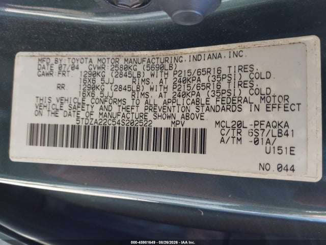 Продажа на аукционе авто 2004 Toyota Sienna Xle, vin: 5TDZA22C54S202522, номер лота: 45981649