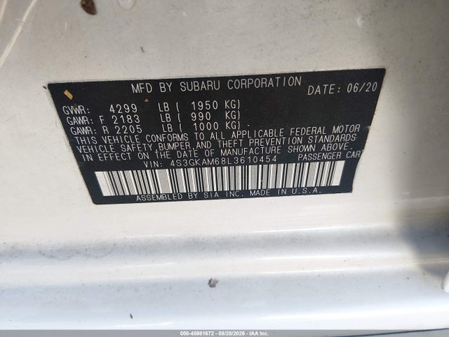 2020 Subaru Impreza Sport მანქანა იყიდება აუქციონზე, vin: 4S3GKAM68L3610454, აუქციონის ნომერი: 45981672