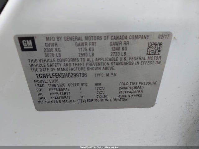 Продаж на аукціоні авто 2017 Chevrolet Equinox Lt, vin: 2GNFLFEK5H6299736, номер лоту: 45981678