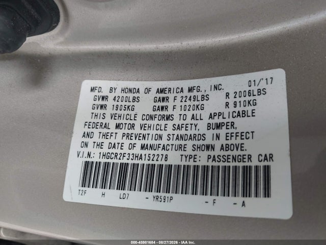 Honda ACCORD LX 2017 1HGCR2F33HA152278 Image 9