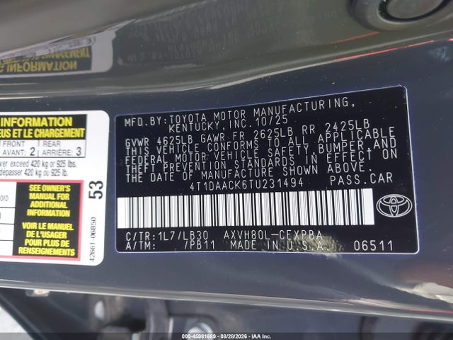 45981689 :رقم المزاد ، 4T1DAACK6TU231494 vin ، 2026 Toyota Camry Xse مزاد بيع