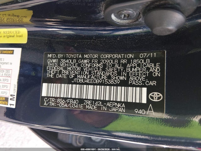 2011 Toyota Corolla Le მანქანა იყიდება აუქციონზე, vin: JTDBU4EE0B9153839, აუქციონის ნომერი: 45981691